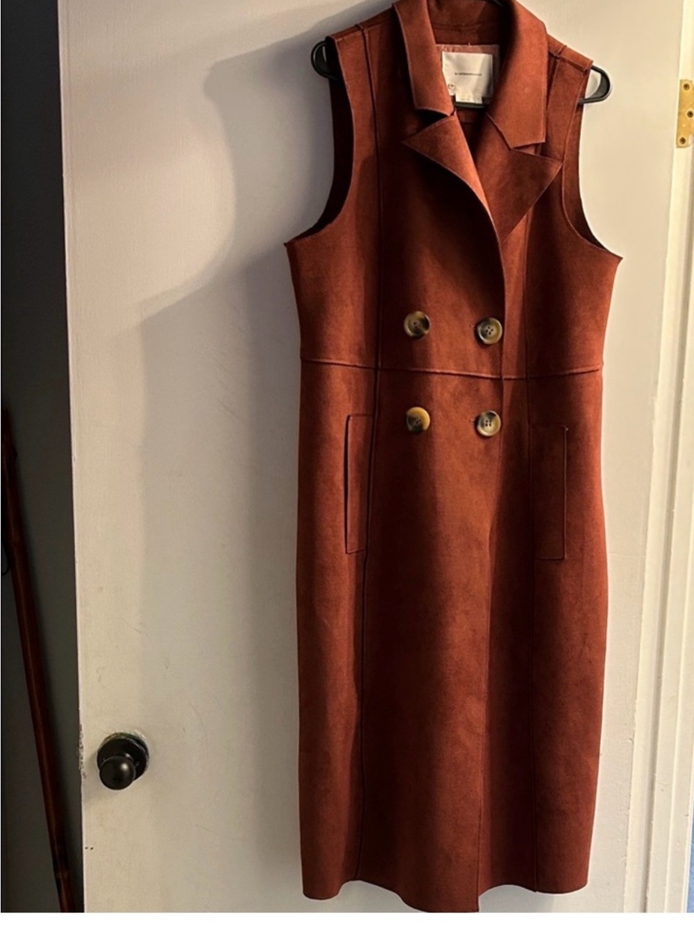 Anthropologie Sleeveless Double-Breasted Midi Coat Dress in Rust